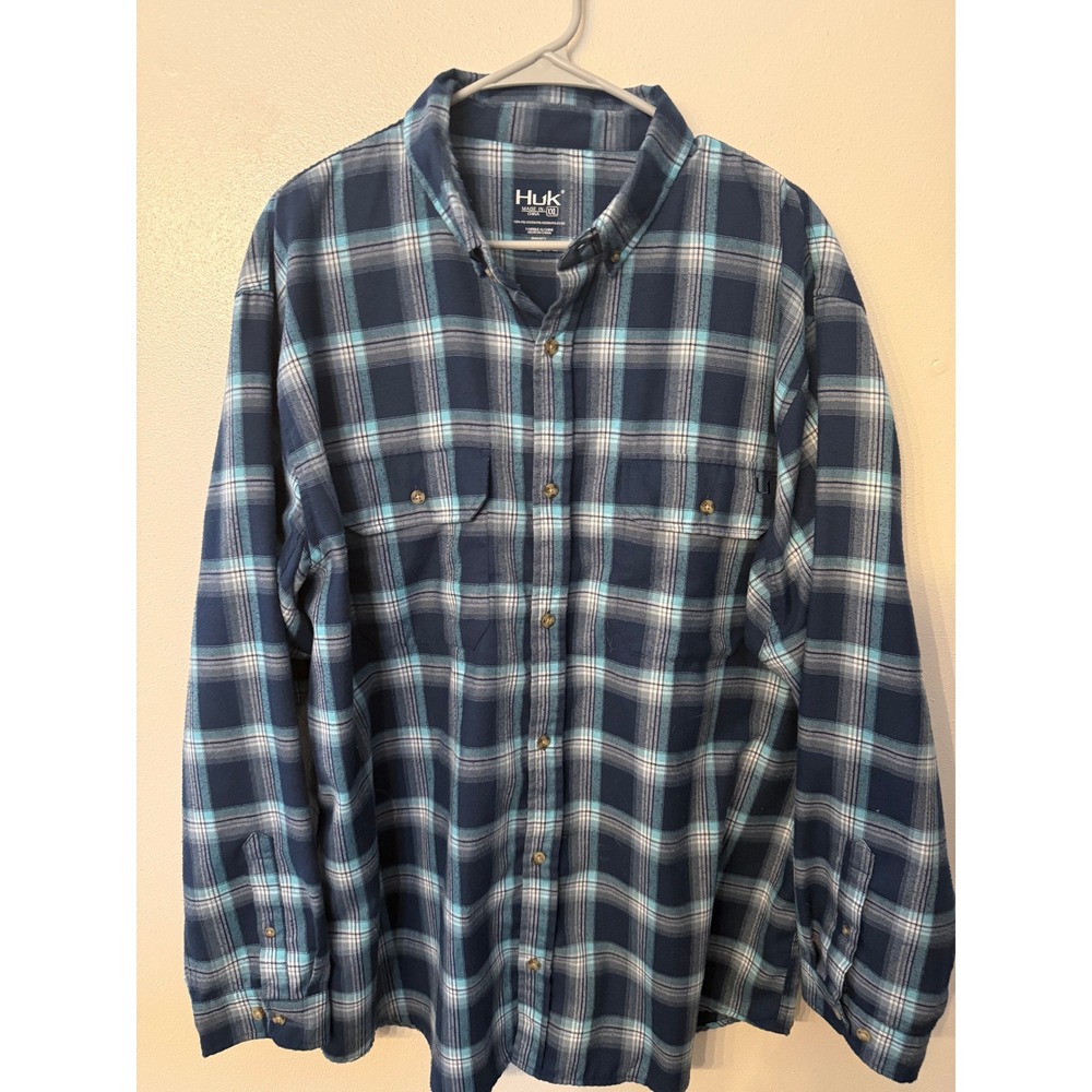 Huk Mens Plaid Long Sleeve Button Up Shirt Navy Blue Aqua‎ XXL